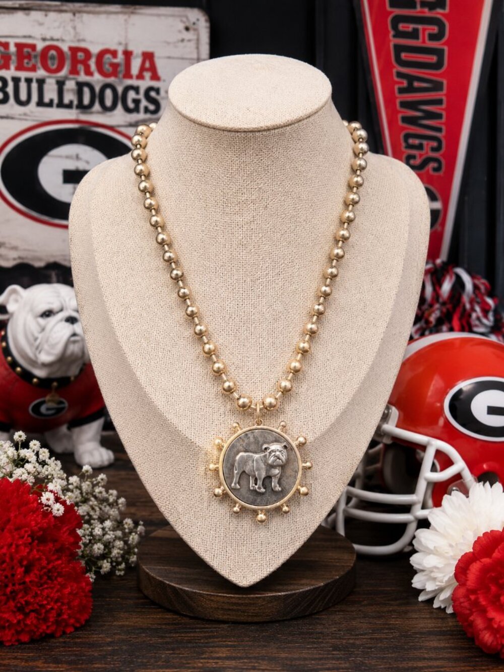 Two-Tone Bulldog Medallion Necklace – Gold Beaded Statement Necklace with Silver